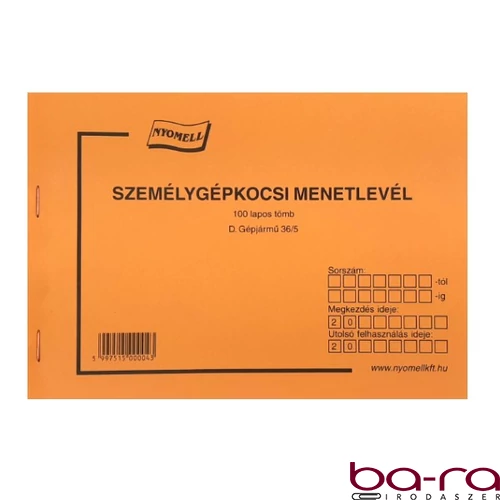 Nyomtatvány személygépkocsi menetlevél A/5