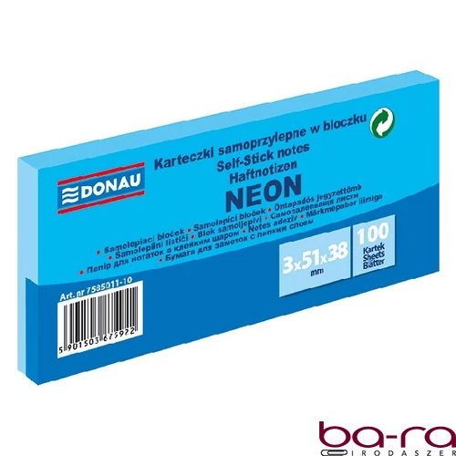 Öntapadós jegyzettömb DONAU 38x51 mm 3x100 lap neon kék