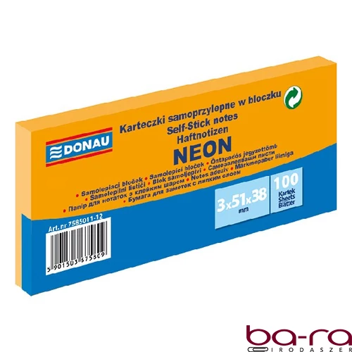 Öntapadós jegyzettömb DONAU 38x51 mm 3x100 lap neon narancssárga