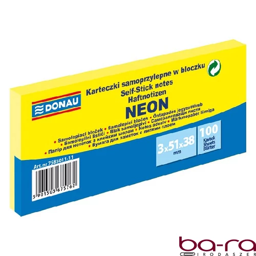 Öntapadós jegyzettömb DONAU 38x51 mm 3x100 lap neon sárga