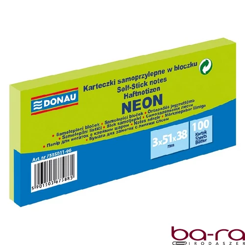 Öntapadós jegyzettömb DONAU 38x51 mm 3x100 lap neon zöld