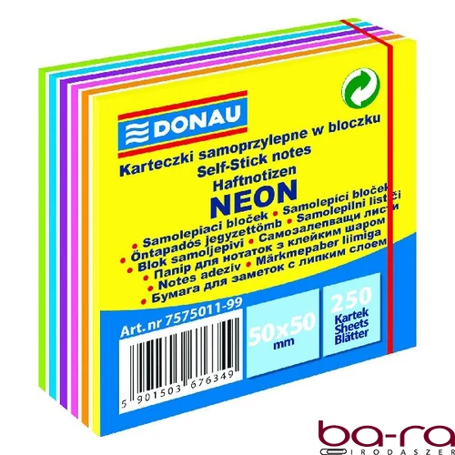 Öntapadós jegyzettömb DONAU 50x50 mm 250 lap vegyes neon színek 11 rétegű