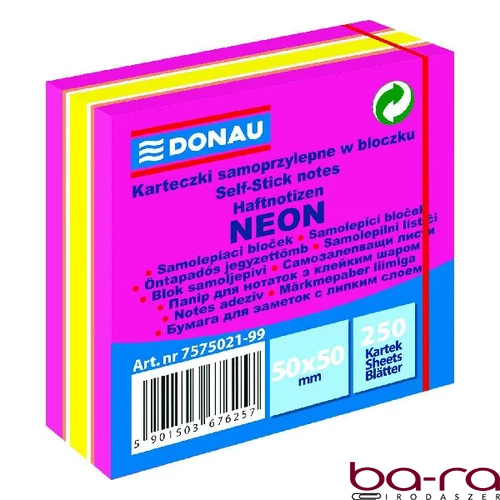 Öntapadós jegyzettömb DONAU 50x50 mm 250 lap vegyes neon színek rózsaszín
