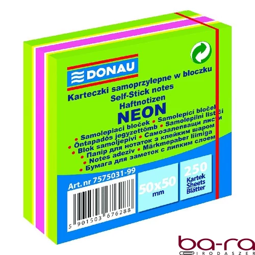Öntapadós jegyzettömb DONAU 50x50 mm 250 lap vegyes neon színek zöld