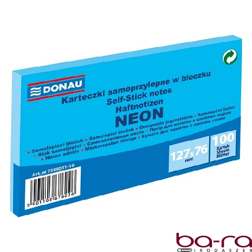 Öntapadós jegyzettömb DONAU 76x127 mm 100 lap neon kék