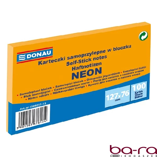 Öntapadós jegyzettömb DONAU 76x127 mm 100 lap neon narancssárga
