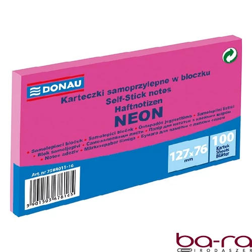 Öntapadós jegyzettömb DONAU 76x127 mm 100 lap neon rózsaszín