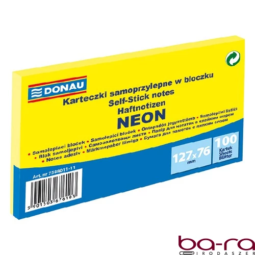 Öntapadós jegyzettömb DONAU 76x127 mm 100 lap neon sárga