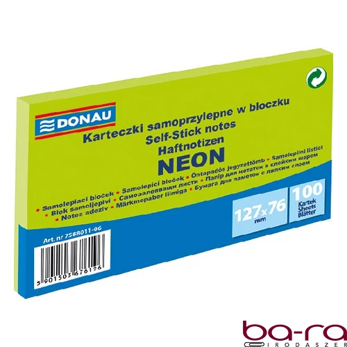 Öntapadós jegyzettömb DONAU 76x127 mm 100 lap neon zöld