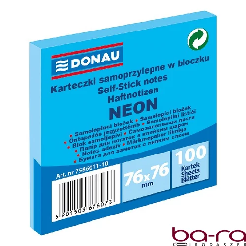 Öntapadós jegyzettömb DONAU 76x76 mm 100 lap neon kék