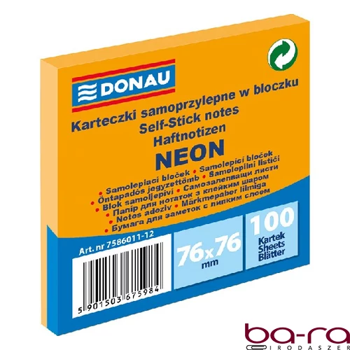 Öntapadós jegyzettömb DONAU 76x76 mm 100 lap neon narancssárga