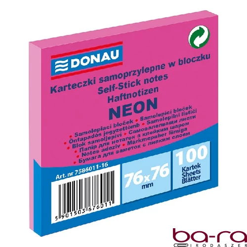 Öntapadós jegyzettömb DONAU 76x76 mm 100 lap neon rózsaszín