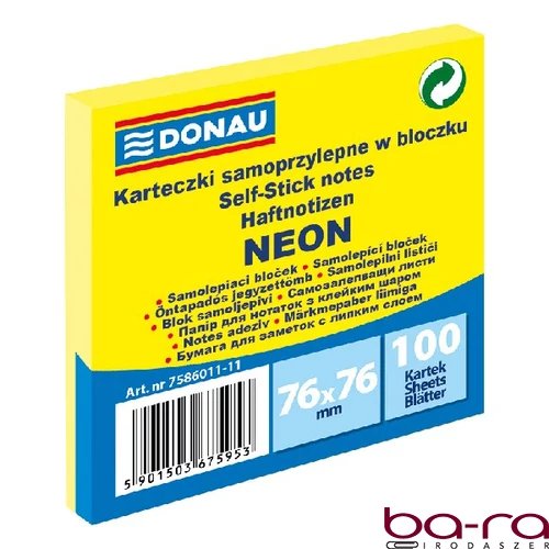 Öntapadós jegyzettömb DONAU 76x76 mm 100 lap neon sárga