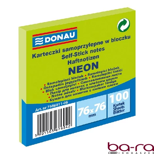 Öntapadós jegyzettömb DONAU 76x76 mm 100 lap neon zöld