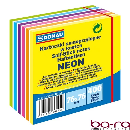 Öntapadós jegyzettömb DONAU 76x76 mm 400 lap vegyes neon színek 11 rétegű