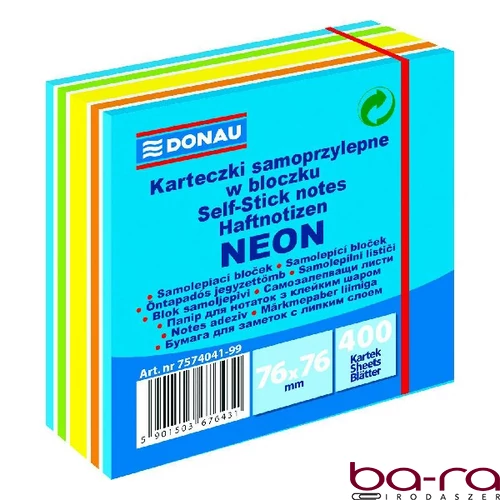 Öntapadós jegyzettömb DONAU 76x76 mm 400 lap vegyes neon színek kék