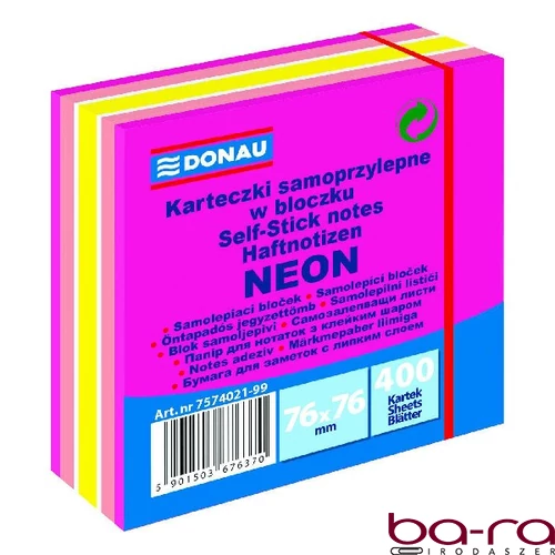 Öntapadós jegyzettömb DONAU 76x76 mm 400 lap vegyes neon színek rózsaszín