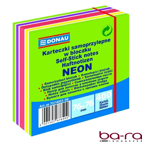 Öntapadós jegyzettömb DONAU 76x76 mm 400 lap vegyes neon színek zöld