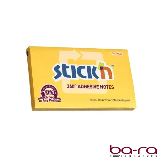 Öntapadós jegyzettömb STICK`N 76x127mm 360°-ban tapadó narancs 100 lap