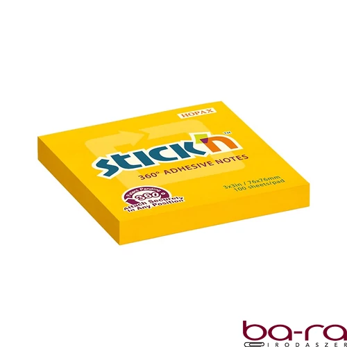 Öntapadós jegyzettömb STICK`N 76x76mm 360°-ban tapadó narancs 100 lap