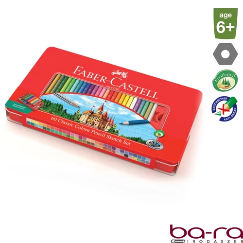 Színes ceruza FABER-CASTELL hatszögletű fémdobozos 60 darabos+kiegészítők