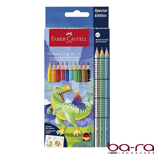 Színes ceruza FABER-CASTELL Grip Dinoszaurusz matricával 10 darabos + 3 darab metál színes ceruzával