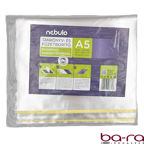 Tankönyvborító NEBULO A/5 öntapadós csíkkal víztiszta 65mic 47x26 cm 10 darabos