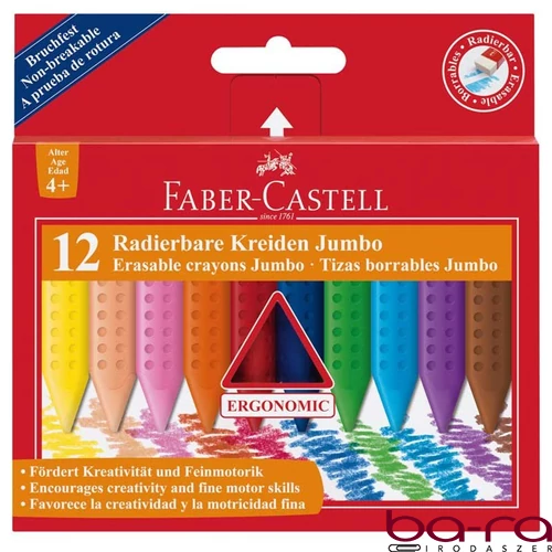 Zsírkréta FABER-CASTELL Grip Jumbo háromszögletű hegyezett radírozható 12 színű