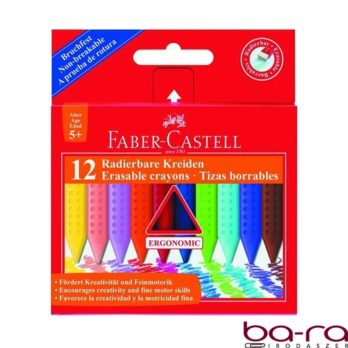 Zsírkréta FABER-CASTELL Grip háromszögletű hegyezett radírozható 12 színű